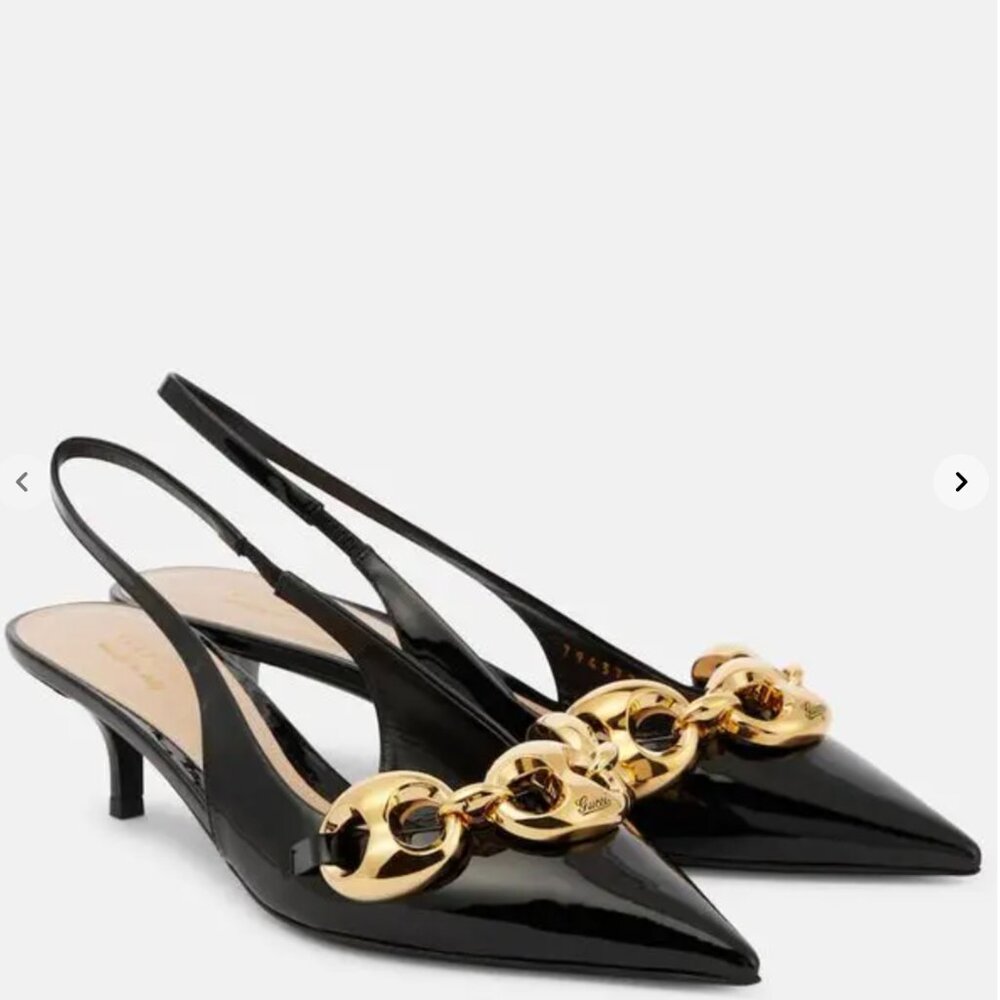 GUCCI Marina Chain Patent Leather Slingback Pumps